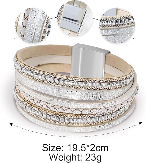 Fesciory Leather Wrap Bracelets for Women, Boho Leopard Multi-Layer Crystal Beads Cuff Bracelet Jewelry