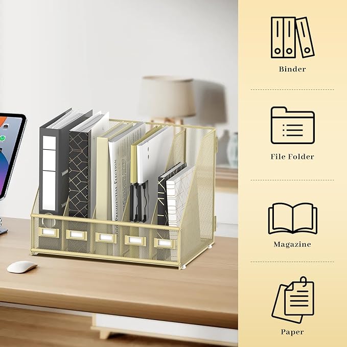SUPEASY Desk Organizers Metal Desk Magazine File Holder with 5 Vertical Compartments Rack File Organizer for Office Desktop, Home Workspace, Golden Yellow, Plus