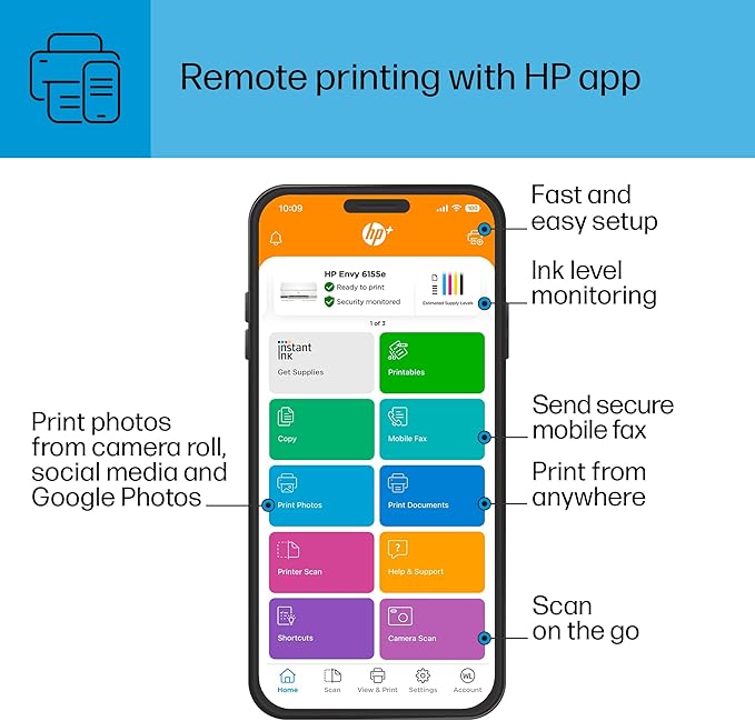 HP Envy 6155e Wireless All-in-One Color Inkjet Printer, Print, scan, Copy, Duplex Printing Best-for-Home, 3 month Instant Ink trial included (714L5A)