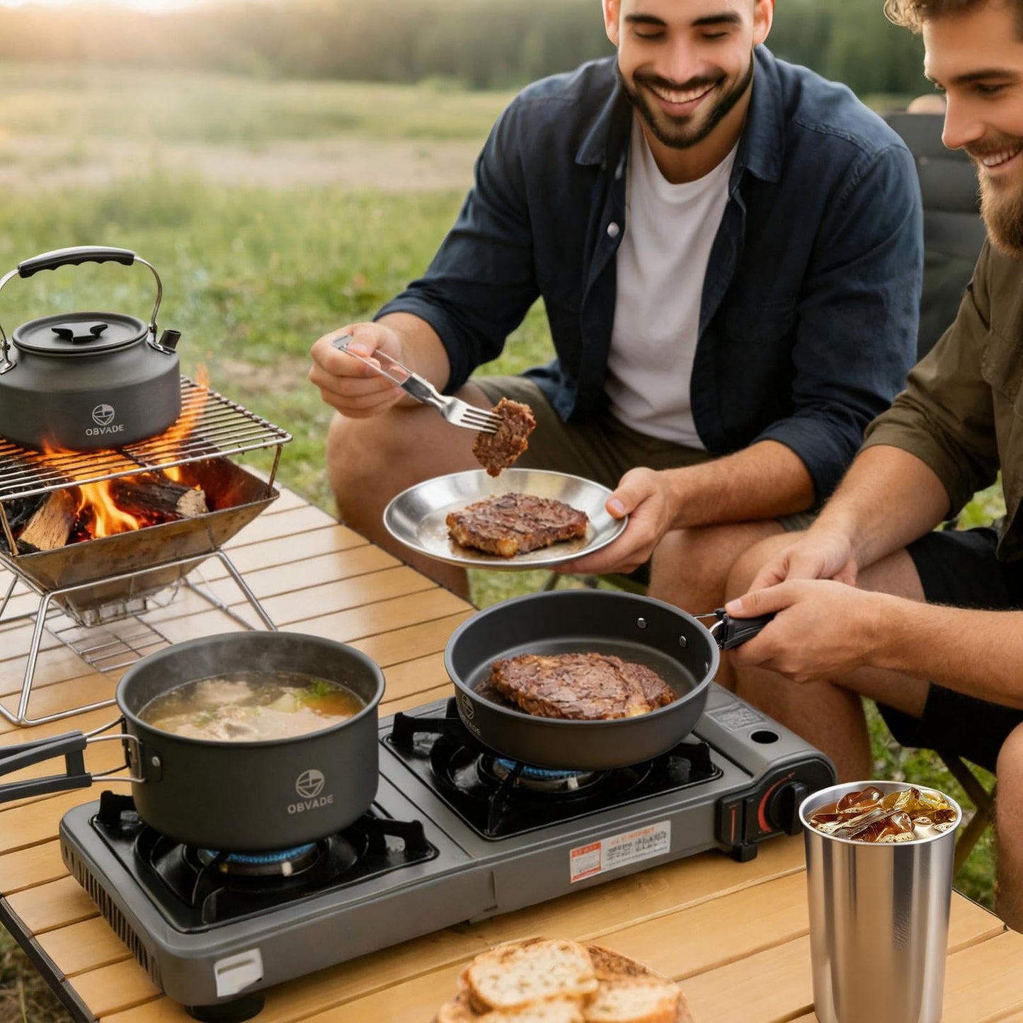 Camping Cooking Set 17-Piece with Kettle,Non-Stick Camping Cookware-Lightweight Backpacking Pots and Pans, Travel Hiking Pan Kit for Outdoor, RV Camp Cook Set, Mesh Bag Included
