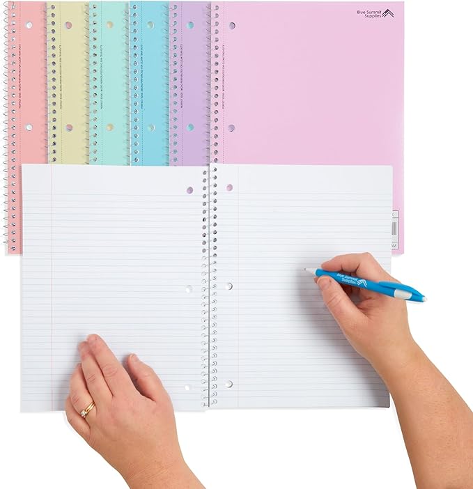 Blue Summit Pastel Spiral Notebook College Ruled, One Subject School Notebooks Spiral, Perforated Notebooks Bulk, 8 x 10.5 School Book, Paper, College Ruled, 12 Pack