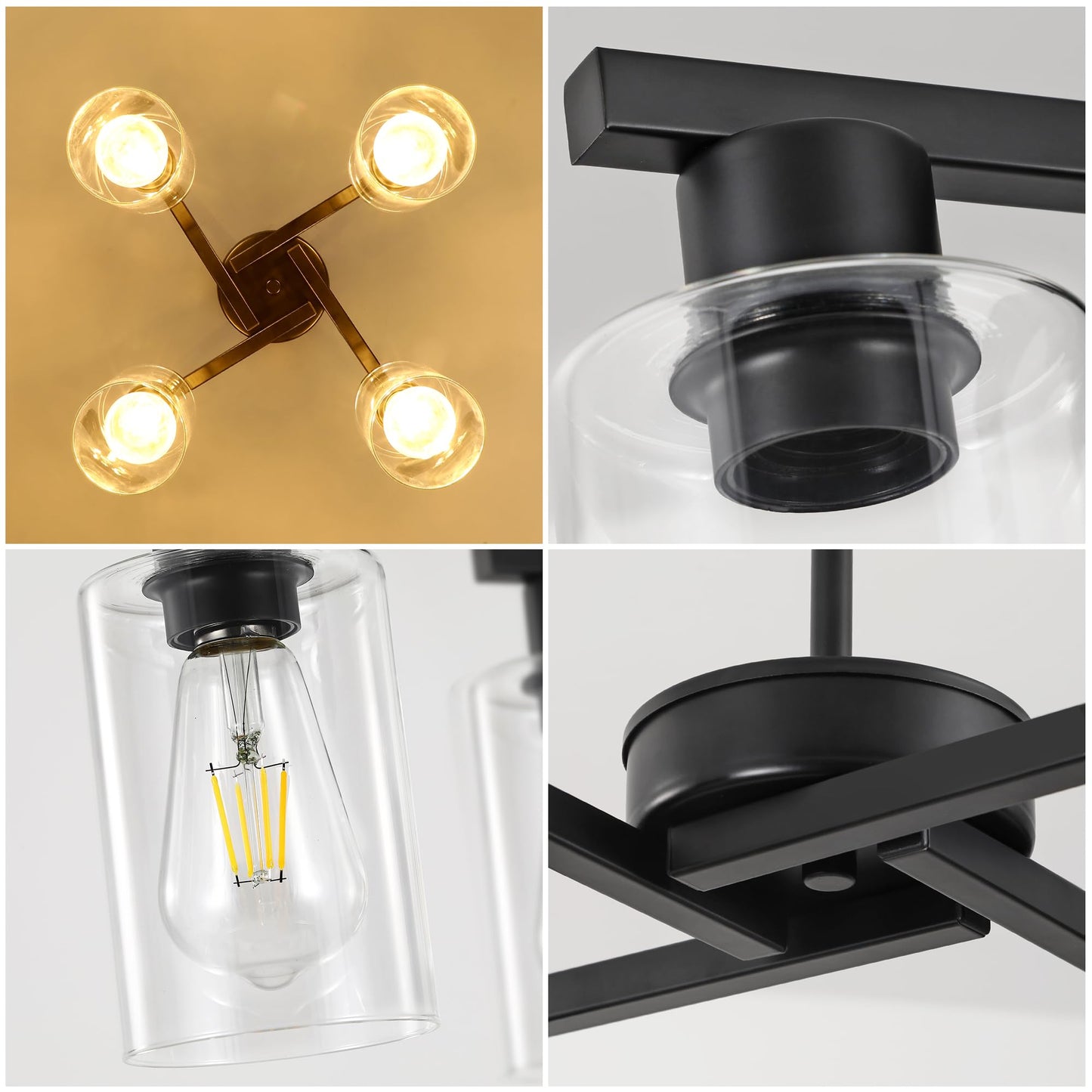 Xeruyiwa 4-Light Black Modern Farmhouse Chandelier, Adjustable Height Pendant Lighting for Kitchen Island & Dining Room, Industrial Hanging Fixture with Clear Glass Shade for Entryway Foyer Bedroom