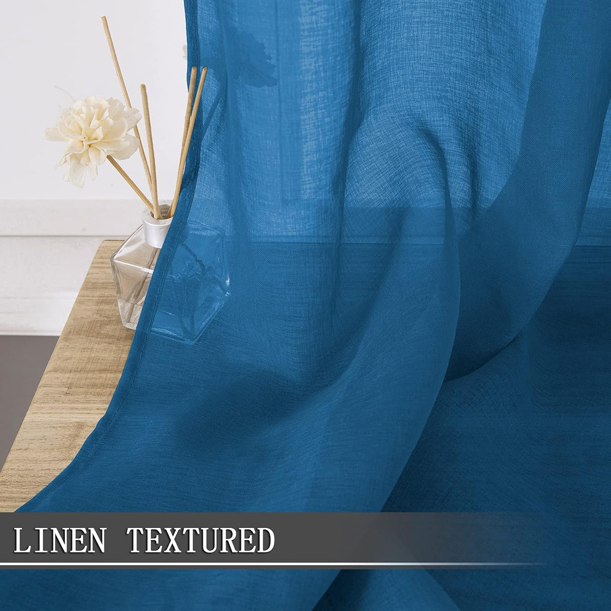 Tollpiz Short Sheer Curtains Linen Textured Bedroom Curtain Sheers Light Filtering Rod Pocket Voile Curtains for Living Room, 54 x 45 inches Long, Classic Blue, Set of 2 Panels