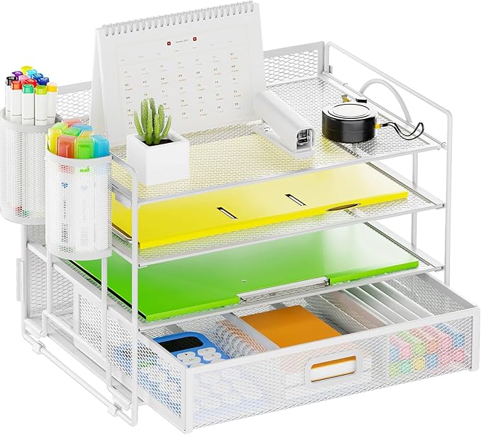 Marbrasse Desk Organizer and Accessories4-Tier Paper File Letter Tray Accessories & Workspace Desk Organizers with Drawer and 2 Pen Holders for School Home Office Supplies (White)