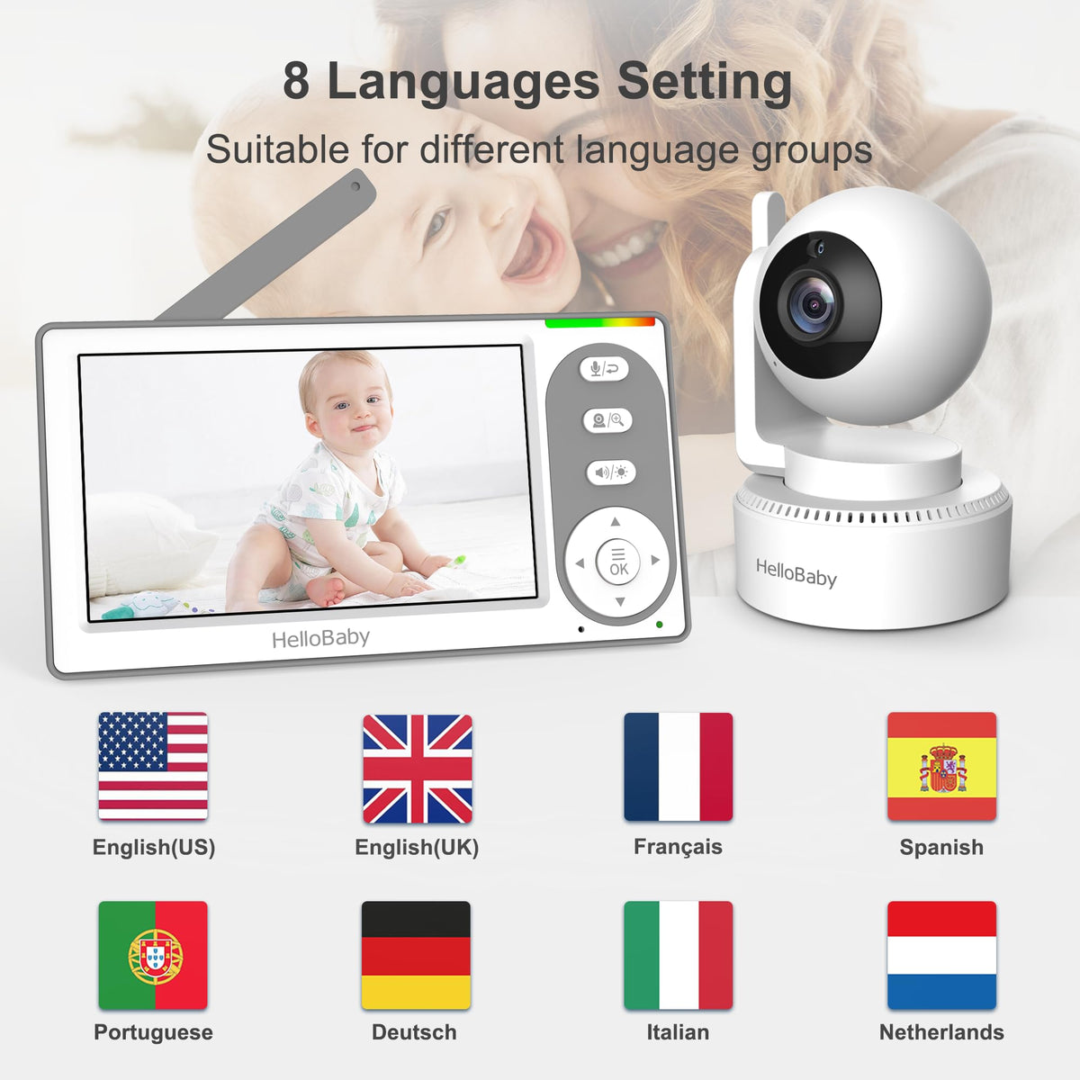 HelloBaby 4.3'' Video Baby Monitor with 30 Hours Battery, Remote Pan-Tilt-Zoom Baby Monitor No WiFi, Baby Monitor with Camera and Audio, Night Vision, ECO Mode, Two-way Talk, 8 Lullabies, 1000ft Range