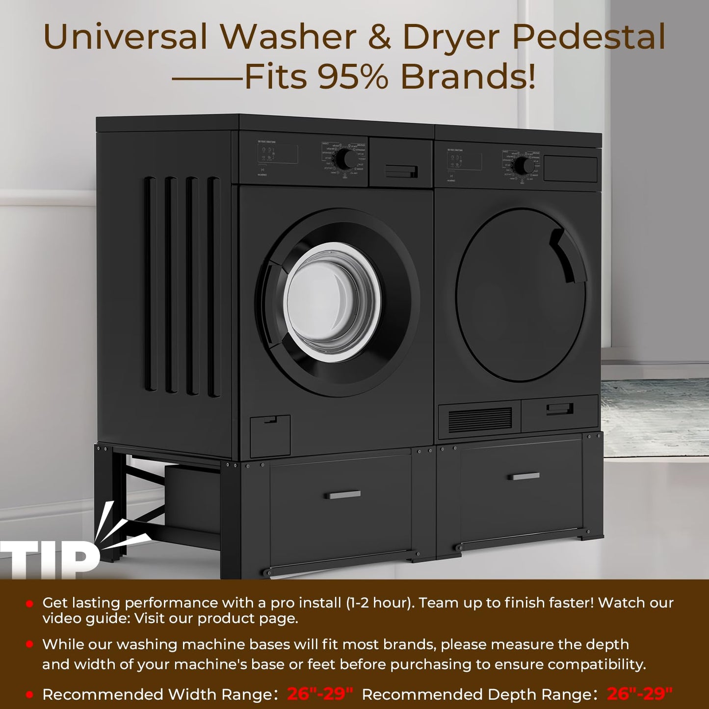 SKM Washer and Dryer Pedestal with Drawer, Laundry Pedestal for Washer and Dryer Stand, Heavy Duty Steel Washing Machine Stand Height Raiser (2, black, 29" W x 29" D x 14" H)