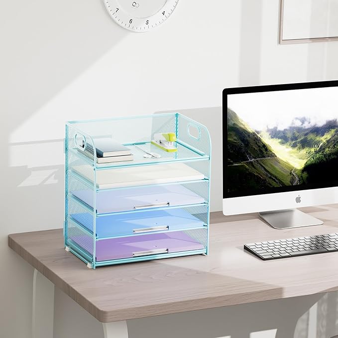 Marbrasse Paper Organizer Letter Tray, 5 Tier Mesh File Organizer with Handle, Paper Sorter Desk Organizer for Home Office Supplies - Blue