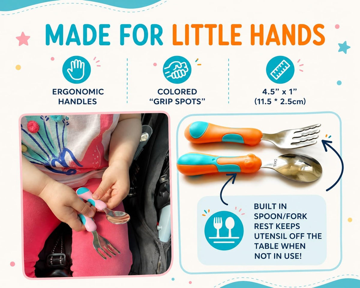 Toddler Silverware, Kids Utensils, Stainless Steel Forks Spoons Set With Travel Case For 1 2 3 & 4 Year Old. Metal Cutlery for Children Girls Boys Baby, Round Handle 8 Pieces (4 Sets) Pink Blue Orange