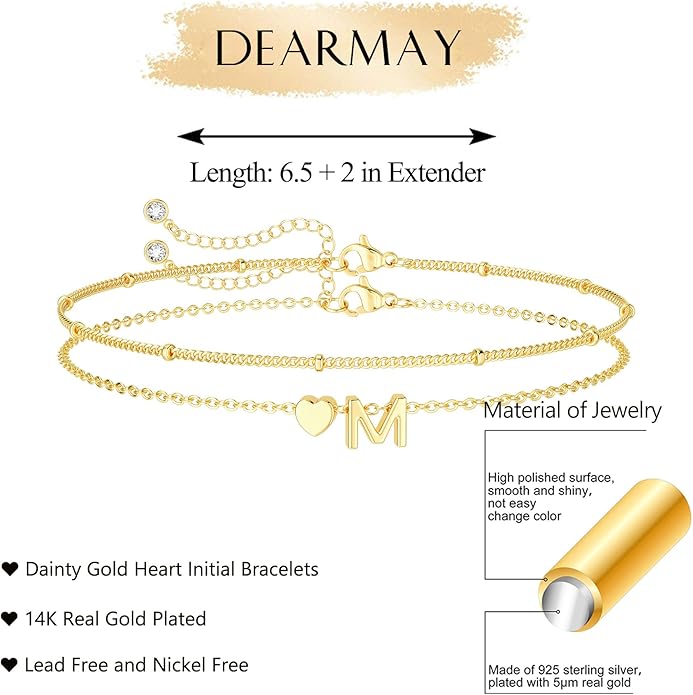 DEARMAY Dainty Initial Heart 14K Gold Plated Bracelets for Women Trendy, Letter Charm Bracelet Jewelry Cute Simple Fashion Chain Gift