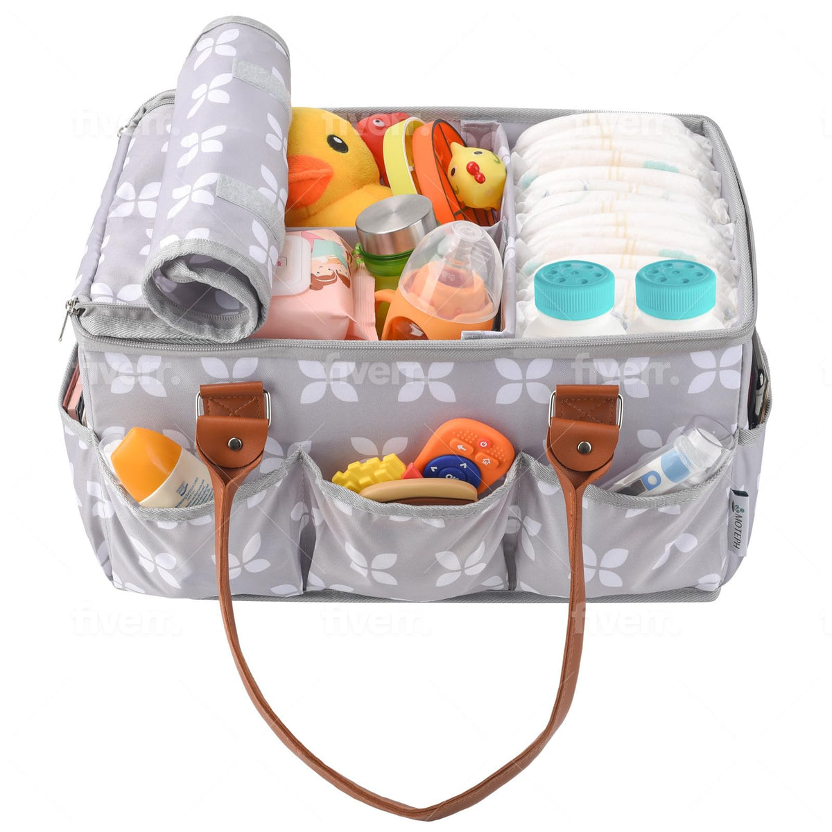 Moteph Diaper Caddy Organizer - Baby Caddy with Lid & Changing Mat, Car Diaper Caddy, Large Nursery Storage Diaper Tote Basket for Changing Table with Zip-Top Cover, Great for Baby Showers - Grey