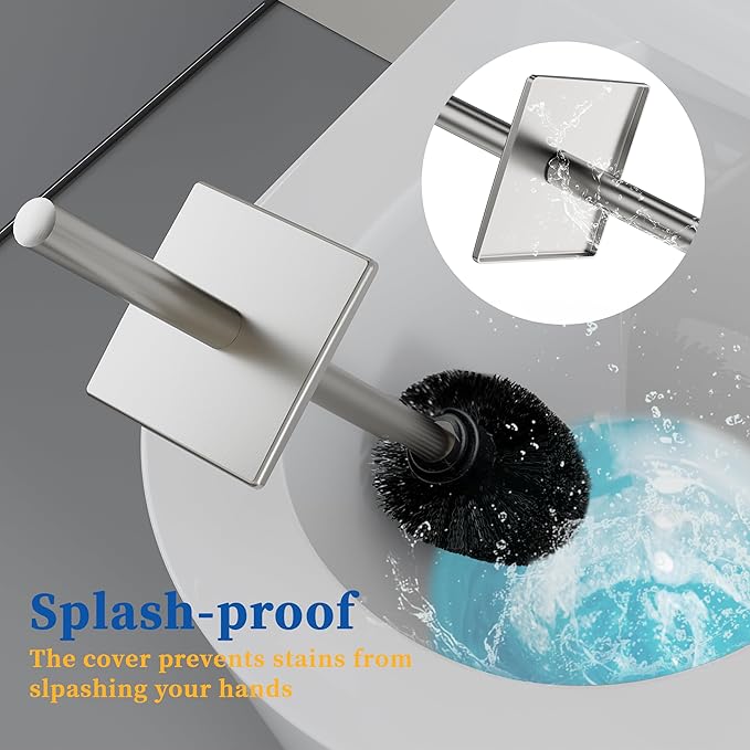 RUACQ Toilet Brush and Holder Set,Square Toilet Bowl Brush for Bathroom with 304 Stainless Steel Handle Toilet Cleaner Brush with Durable Scrubbing Bristles,Splash-Proof (Brushed Nickel)