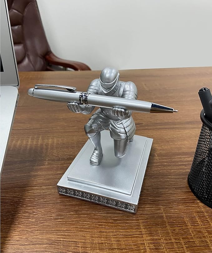 Executive Knight Pen Holder with A Cool Pen, Home Office Desk Organizers Decor Resin Pen Holder, Christmas Gift Idea for Dad, Uncle, Man, Boyfriend, Friends Silver