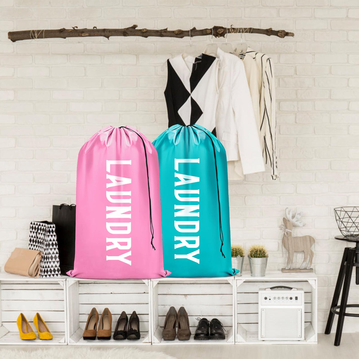 Fiodrimy 2 Pack XL Travel Laundry Bag, Machine Washable Dirty Clothes Organizer, Large Enough to Hold 4 Loads of Laundry, Easy Fit a Laundry Basket (Pink+Blue, 24" x 36")