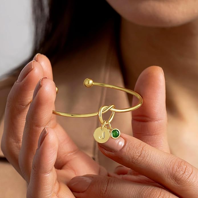 Turandoss Valentines Day Gifts for Women Girls, Dainty 14K Gold Plated 12 Months Disc Initial A-Z Birthstone Heart Knot Bangle Bracelet Birthday Bridesmaid Valentines Jewelry Gifts for Teen Girls