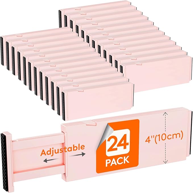 Lifewit 24 Pack Drawer Dividers 4" High, 11-17" Adjustable Dresser Drawer Organizers for Clothes, Expandable Dresser Separators in Bedroom/Bathroom/Kitchen/Vanity/Office Organization and Storage,Pink