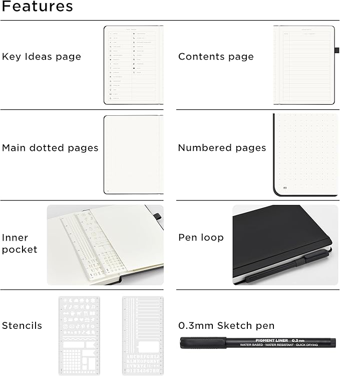 &And Per Se Bullet Dotted Journal Notebook, A5 Leather Hardcover, 176 Numbered Pages 100GSM Thick Dotted Paper, 2 Sheets of Stencils Included - 5.7'' x 8'' (Black)