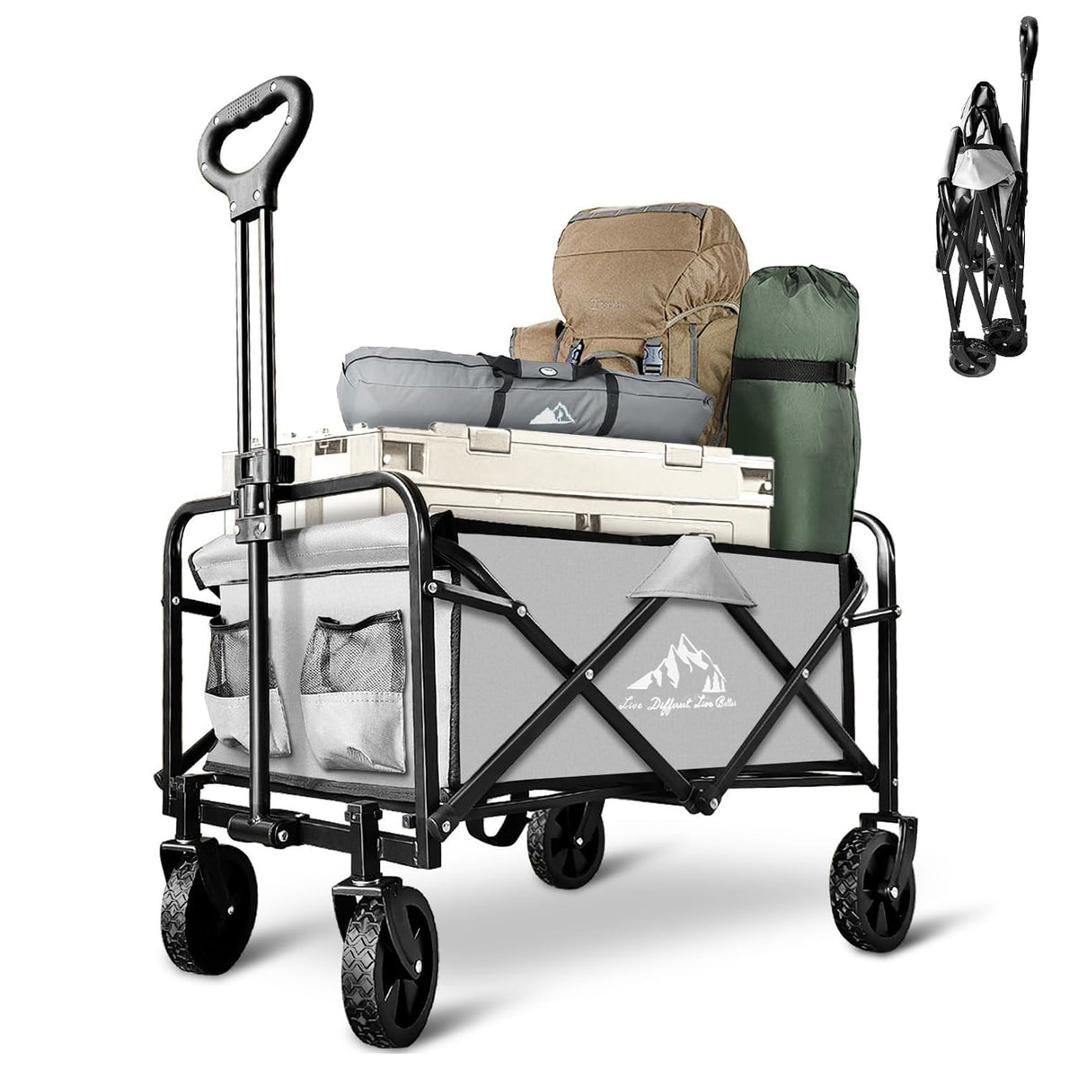 Collapsible Foldable Wagon, Beach Cart Large Capacity, Heavy Duty Folding Wagon Portable, for Outdoor Sports, Shopping, Camping, Gray