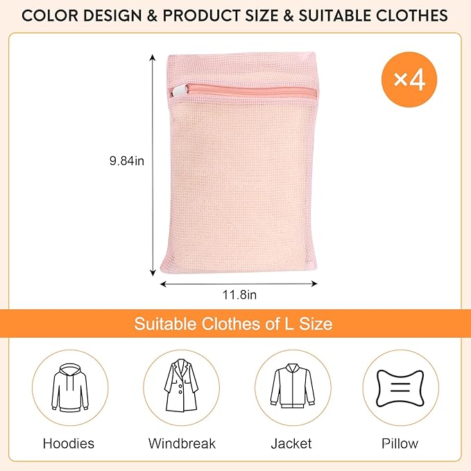 4 Piece Pink Small, Durable Organic Cotton Mesh Laundry Bag with Strong Zipper and Breathable Mesh, Delicate Laundry Bag for Underwear, Clothes, Pants and Socks