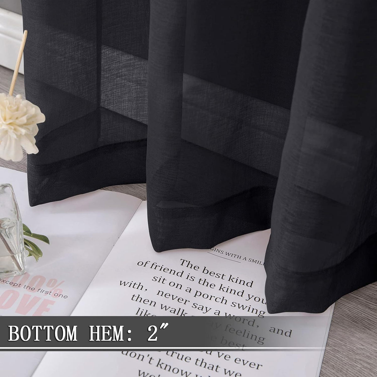 Tollpiz Sheer Curtains Linen Textured Bedroom Curtain Sheers Light Filtering Rod Pocket Voile Curtains for Living Room, 54 x 63 inches Long, Black, Set of 2 Panels