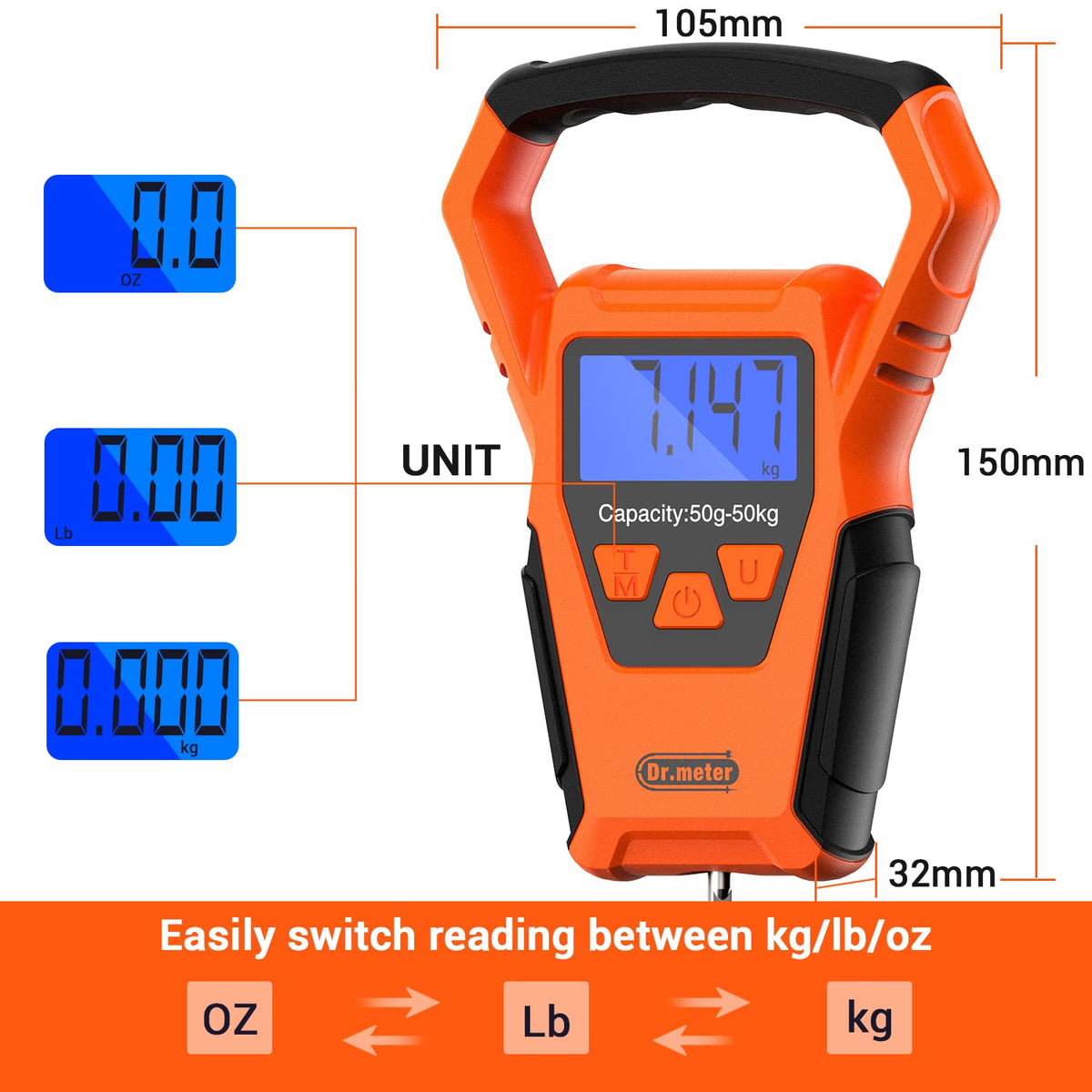 Dr.meter Fish Scale Waterproof: Luggage Weight Scale with Bigger Handle and Hook Upgraded IPX7 110lb/50kg Backlit LCD Display Digital Hanging, Built-in Tape, Battery Included, Fishing Gifts for Men