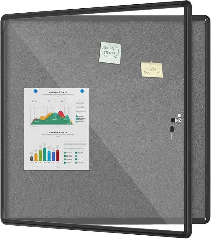 38"x38" Enclosed Bulletin Board, Lockable Weather-Resistant Aluminum Cork Noticeboard for School & Office, Black Frame w/Grey Flet