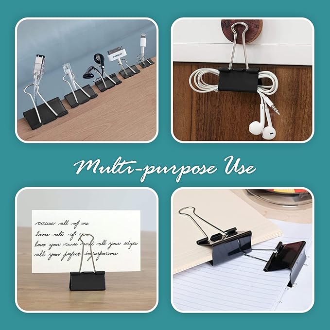 Binder Clips - 48 Mini Black Paper Clamps, 0.6 Inch, Holds 30 Pages, File Clip for Home, Office and School Supplies
