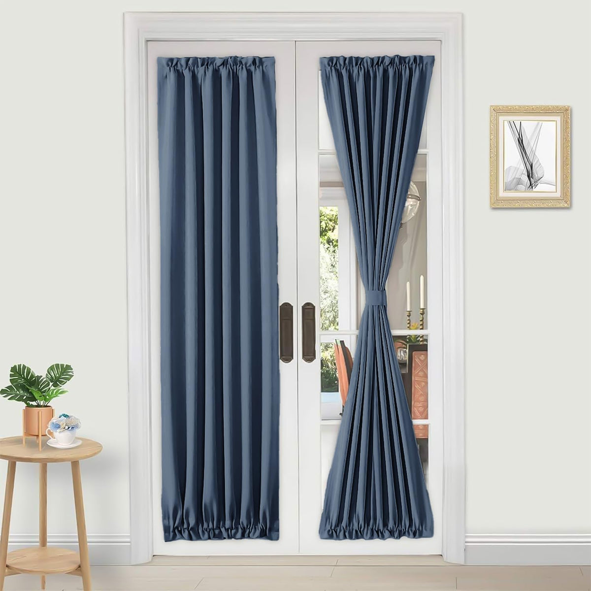 DWCN French Door Curtains â Rod Pocket Thermal Blackout Curtain for Doors with Glass Window, Kitchen and Patio Doors for Privacy, 25 X 72 Inches Long, 1 Curtain Panel with Tieback,Dusty Blue