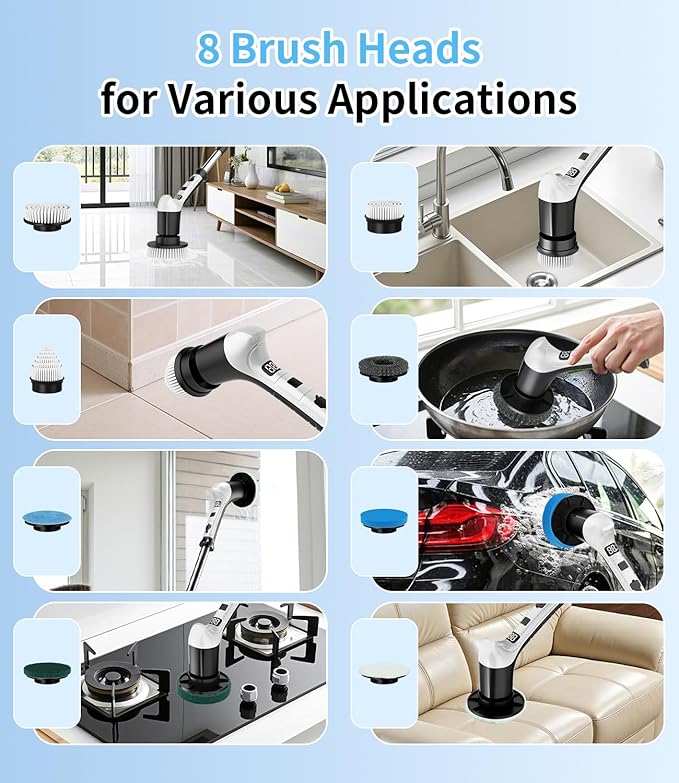 Electric Spin Scrubber with 3 Speed, Adjustable Extension Handle, 8 Brush Heads,Cordless Power Cleaning Brush for Bathroom, Tile, Kitchen-Black