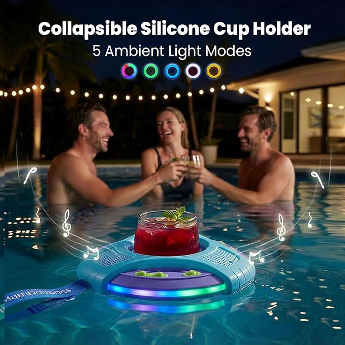Mambobaby Float Bluetooth Speaker with Foldable Cup Holder, IPX7 Waterproof Bathroom Speaker, 360° Surround Sound, Colorful LED Lights, Dual Speakers, Ideal for Pool, Beach & Outdoor Use-Yellow Black
