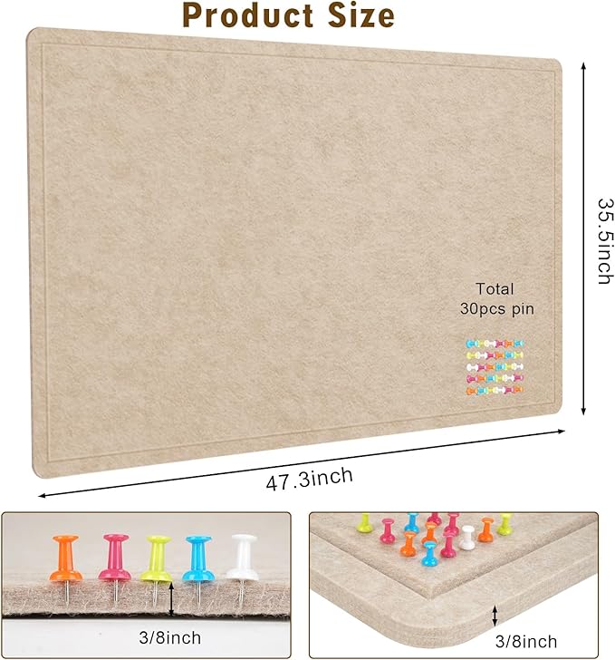 Large Bulletin Board, 48 X 36 inches Felt Board Notice Pin Board, 4' x 3'Cork Board Alternative for Wall, Self-Adhesive Vision Board Mood Board Foldable Photo Board with 30 Pushpin (Beige Brown)