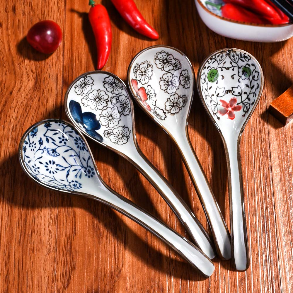 Set of 4 Japanese Ceramic Soup Spoons with Different Patterns Porcelain Rice Spoons with Long Handle Suitable for Rice Porridge Cereal Wonton Tong Sui Pho Udon and Ramen