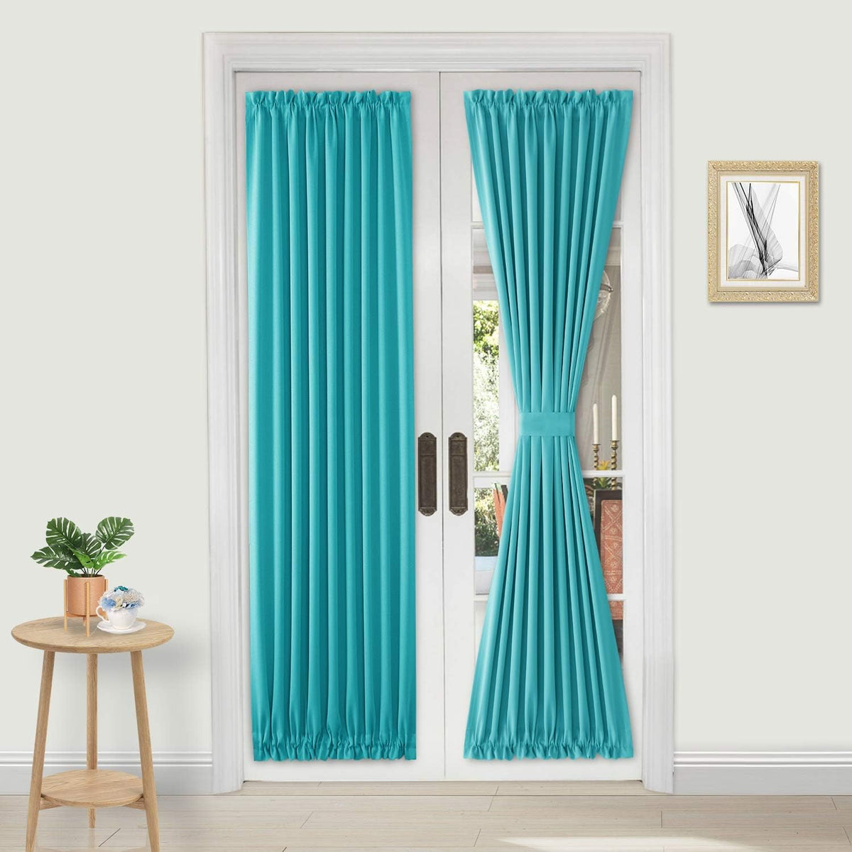 DWCN French Door Curtains – Rod Pocket Thermal Blackout Curtain for Doors with Glass Window, Kitchen and Patio Doors for Privacy, 23 X 72 Inch Length, 1 Curtain Panel with Tieback, Turquoise