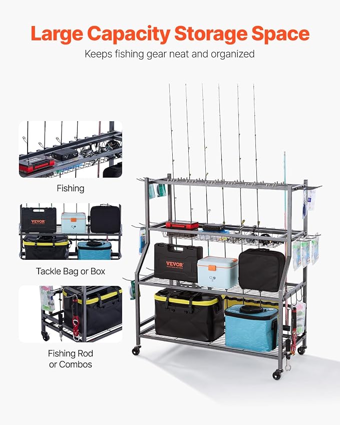 VEVOR Fishing Rod Holder for 15-Rods, Mobile Fishing Pole Rack Cart with Wheels, Fish Gear Equipment Organizer for Garage Home Indoor Use, for Tackle Box Reel Accessories Storage, Gifts for Men