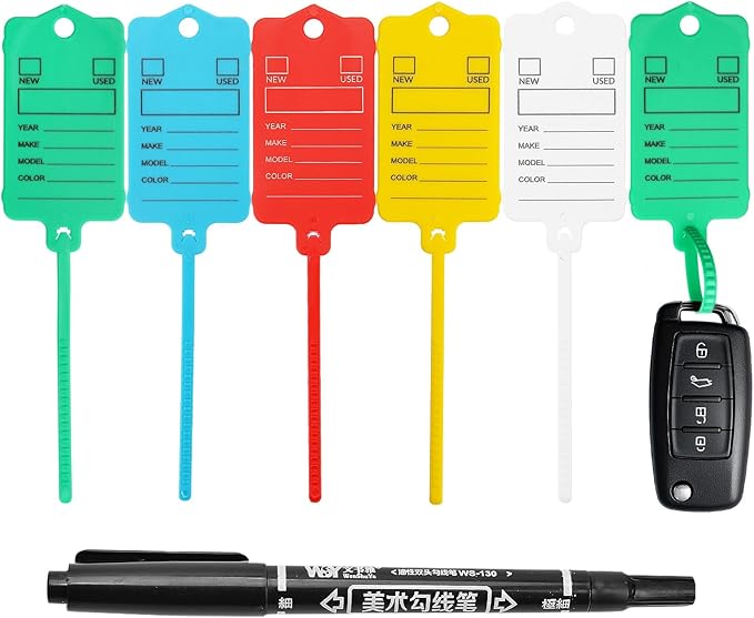 200 Car Key Tags with Labels Plastic Car Dealership Key Tags Self Locking Automotive Identifiers Blank Shop Labels with One Pen (Mixed Color)