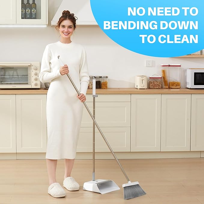 JOYMOOP 2 Pack Broom and Dustpan Set, Black and White Combo, Upright Angle with Built-in Comb Teeth for Pet Hair and Hard Floors