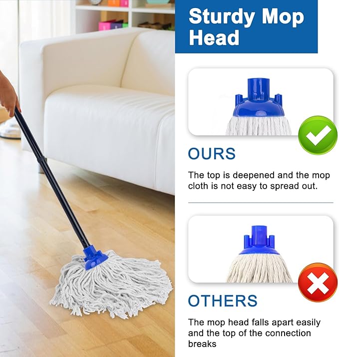 KeFanta Mop for Floor Cleaning,2 Pcs Cotton String Wet Mops Replacement Head Refill Compatible with Microfiber Cloth Mop & 0.8" Diameter Mop Handle(1 Handle & 2 Mop Heads)