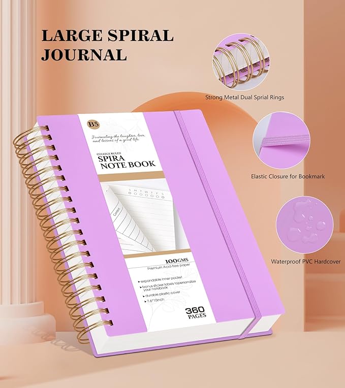 Spiral Notebook Journal College Ruled 8.5''x 11'', 360 Pages Lined Thick Journals for Women Men, A4 Large Writing Spiral Journal with 100GSM Paper, Spiral Notebooks for Work, School Purple