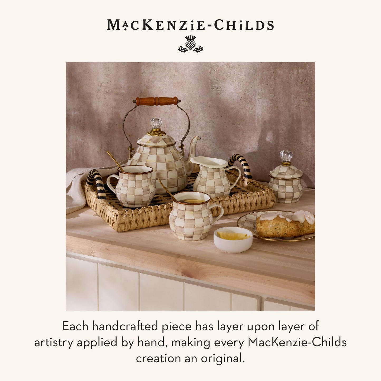 MACKENZIE-CHILDS Enamel Cake Carrier, Cake-Dish Serving Platter with Lid and Handles, Brown-and-White Mocha Check
