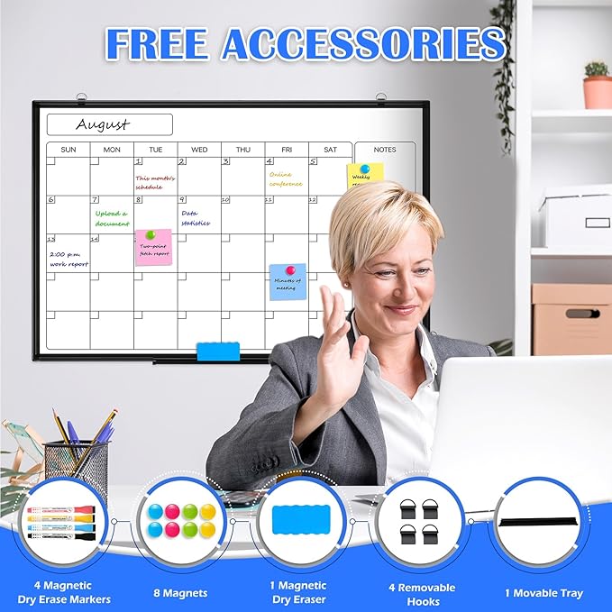 Monthly Calendar Dry Erase Whiteboard, 30" x 20" Magnetic Calendar White Board, Double-Sided Portable Board with Black Aluminium Frame for Office, Kitchen, School, Home