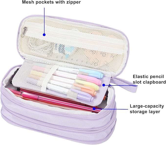 Big Pencil Case Zipper Pencil Pouch Organizer Large Capacity Pen Bag with Handle Portable for Girls Kids Adults Gift Pen Case for School Home Office Purple