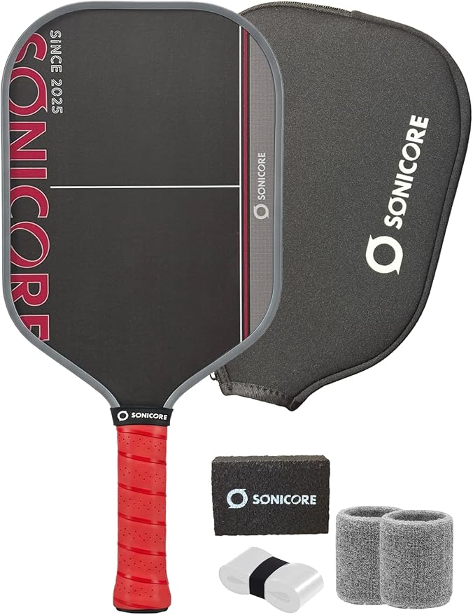 SONICORE Pickleball Paddle Set Bundle, T700 Carbon Fiber 16mm Core, 1 Paddle, Cover, Wristbands, Grip Tape, Eraser, 4 Premium Balls | Turbo Red