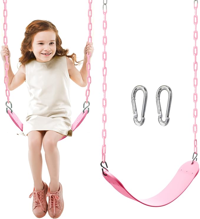TURFEE Heavy Duty Swing Seat Pink Color with 66” Chain, Swing Set Accessories Replacement with Snap Hooks for Kids Outdoor Play Playground