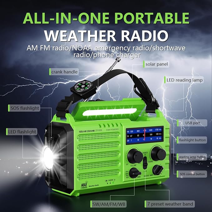 NOAA-Certified Emergency Weather Radio, AM/FM Portable Solar Hand Crank Powered with Flashlight & Reading Lamp for Emergency, Rechargeable Battery, SOS Alarm, Cell Phone Charger for Outdoor & Home Use