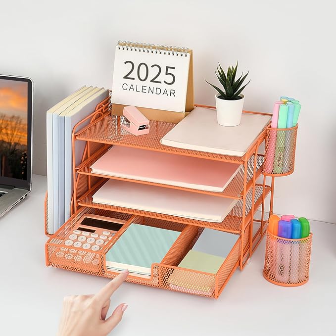 gianotter Paper Letter Tray Organizer with File Holder, 4-Tier Desk Accessories & Workspace Desk Organizers with Drawer and 2 Pen Holder for Office Supplies (Orange)