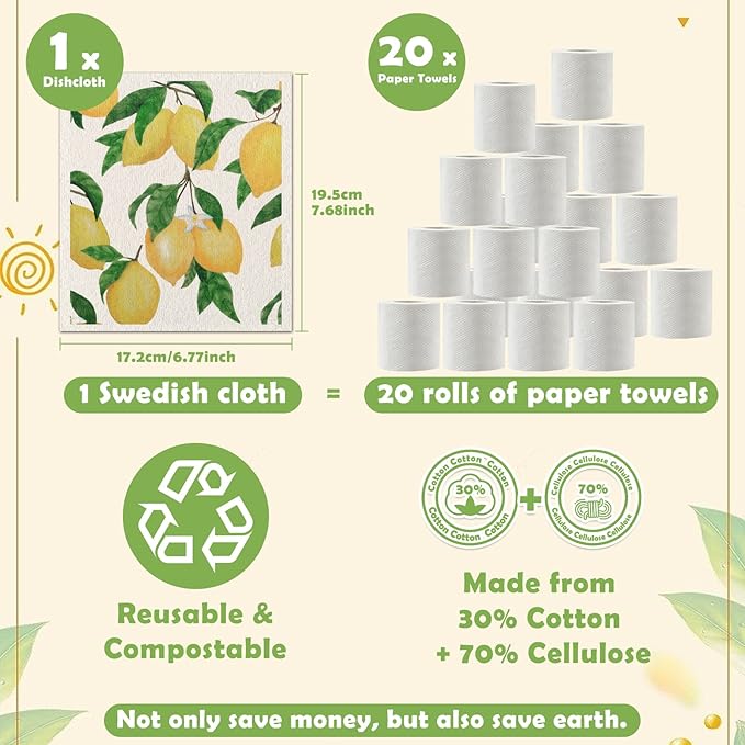 Lucomb Reusable Swedish Kitchen Dish Cloths, 8 Pack Replace Paper Towels Quick Drying Kitchen Sponges Dish Rags for Dishes Washing Home Cleaning Window Glass Wipes (Mixed Fruit)