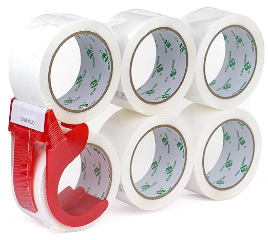 BOMEI PACK White Packing Tape with Dispenser, 2.4 Mil 1.88 Inch x 60 Yards, 6 Refills Rolls White Tape for Box Moving, Shipping and Packaging