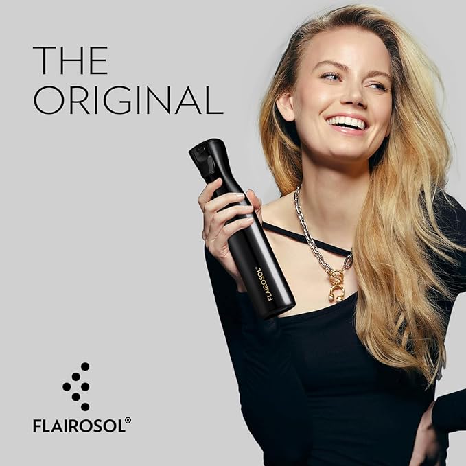 FLAIROSOL Spray Bottle for Hair, Continuous Spray Bottle with 0.3MM Ultra Fine Mist, Water Mister for Hairstyling, Cleaning, Plants, Pets, 10.1oz/300ml, Black Bottle, Gold Print