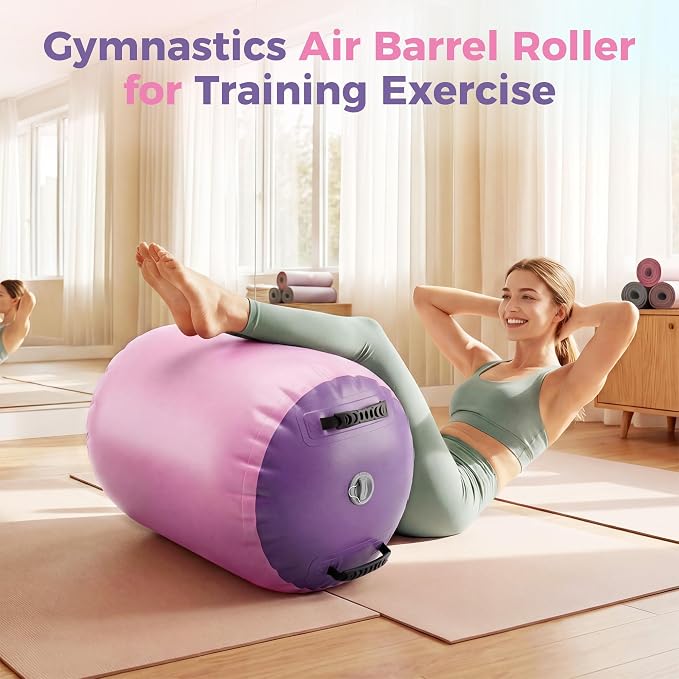 Gymnastics Air Roller Air Barrel Inflatable Tumbling Mat, Gymnastics Air Barrel Inflatable Tumbling Mat, Tumble Track Backhandspring Mat Gymnastic Equipment for Yoga Training Cheerleading Home Use, 20in x 20in x 31in, Pink