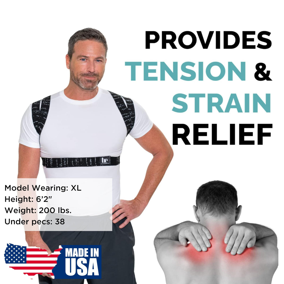 BackEmbrace Posture Corrector for Women and Men - Made in USA - Slim and Adjustable Shoulder Brace - Back Brace for Back Pain Relief - Black Drizzle XL
