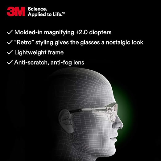 3M Safety Glasses with Readers, Nuvo Readers, +2.0 Diopter, Pack of 1, ANSI Z87, Clear Lens, Gray Frame, Soft Nose Bridge, Side Shields